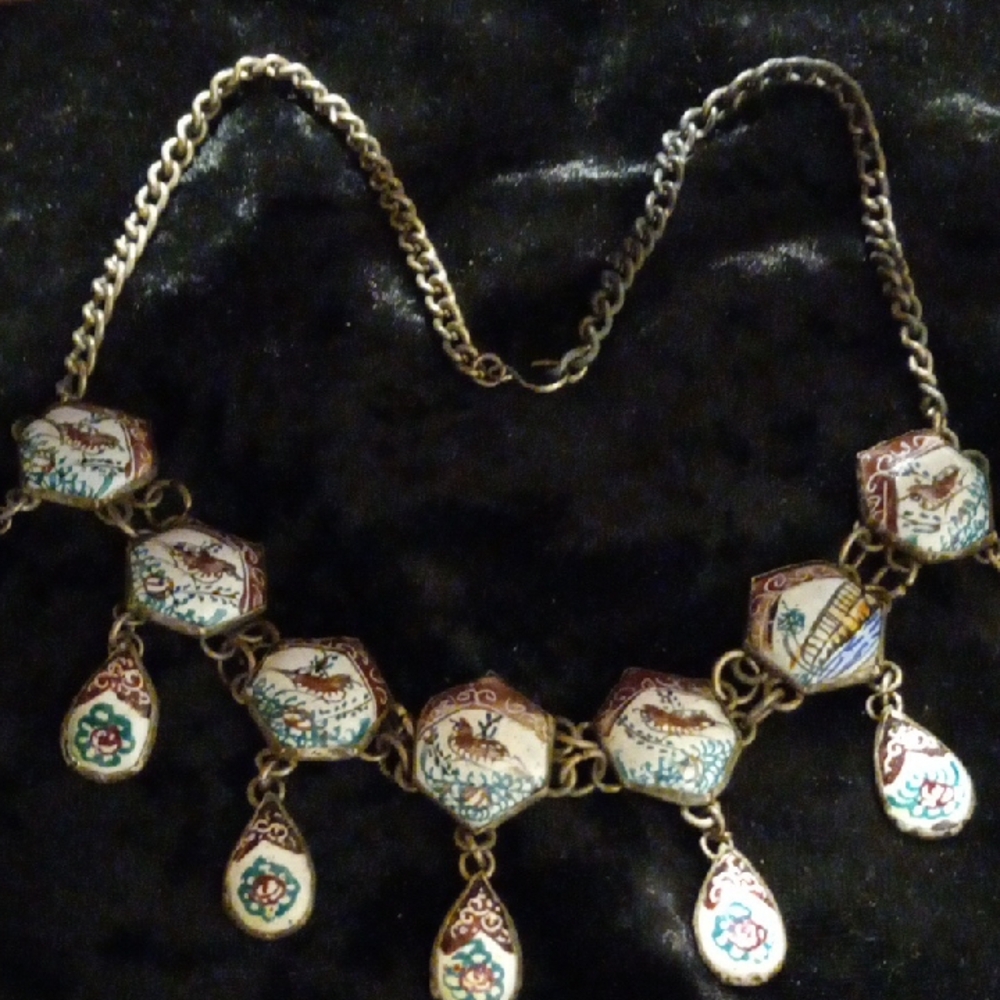 Vintage Persian Enamel Drop  Necklace 14 In Long